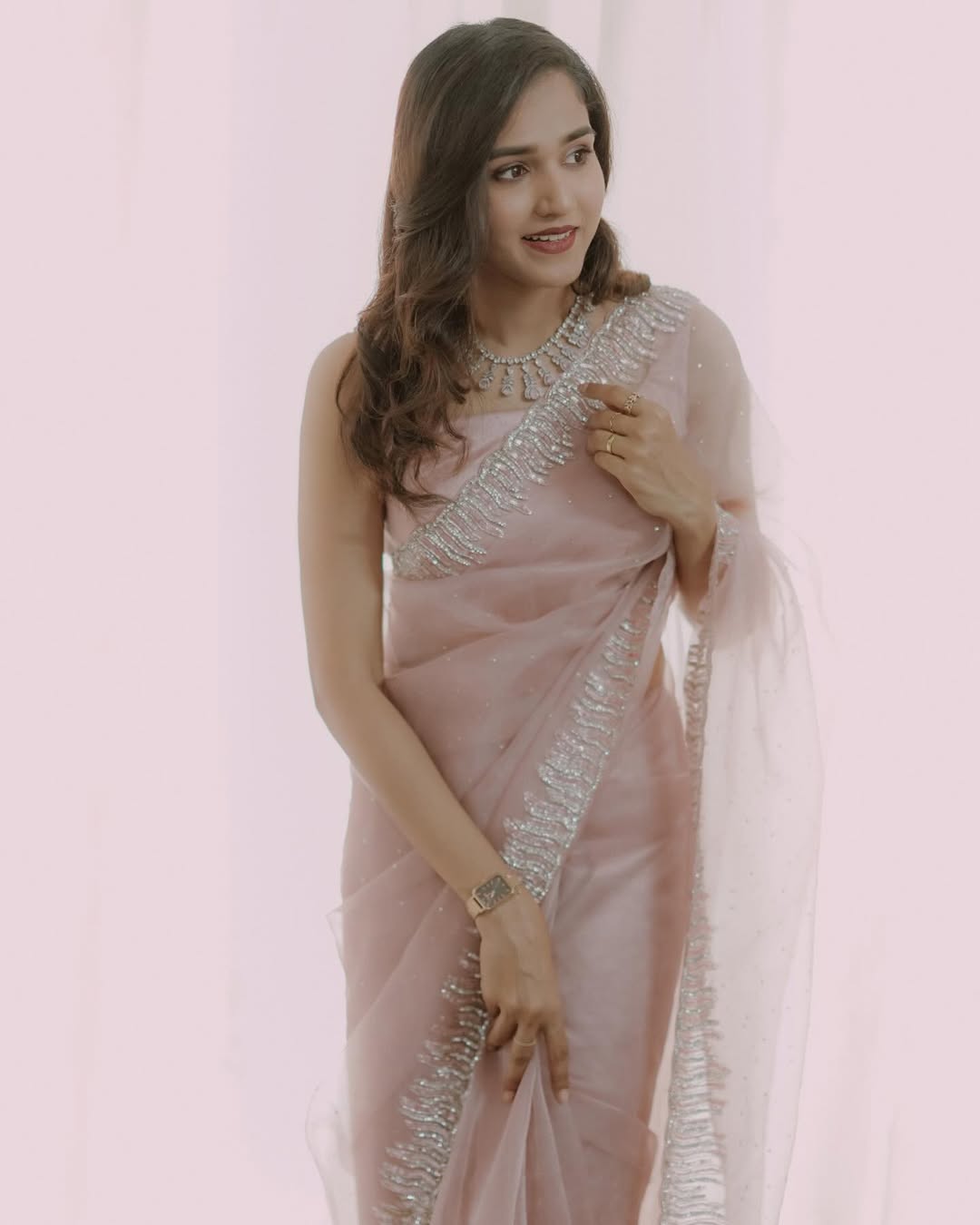 Elegant Baby Pink Organza Saree with Silver Sequin Embellishments - image 1