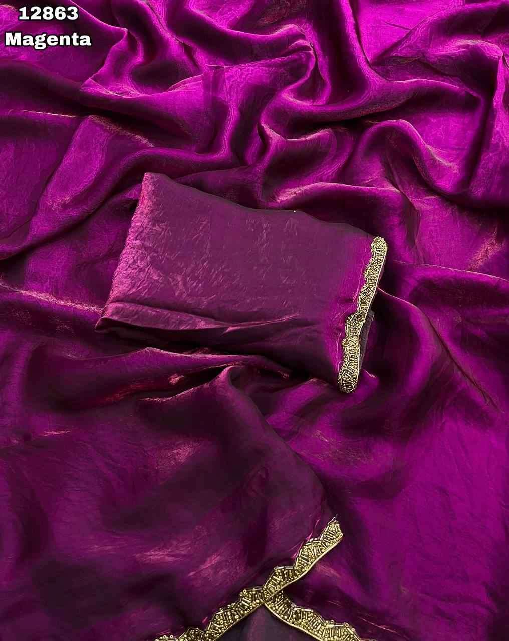 Magenta Saree with Golden Lace Border - image 1