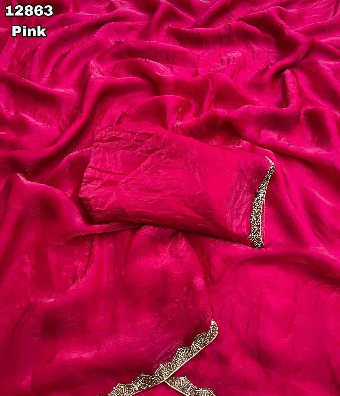 Pink Saree with Golden Lace Border - image 1