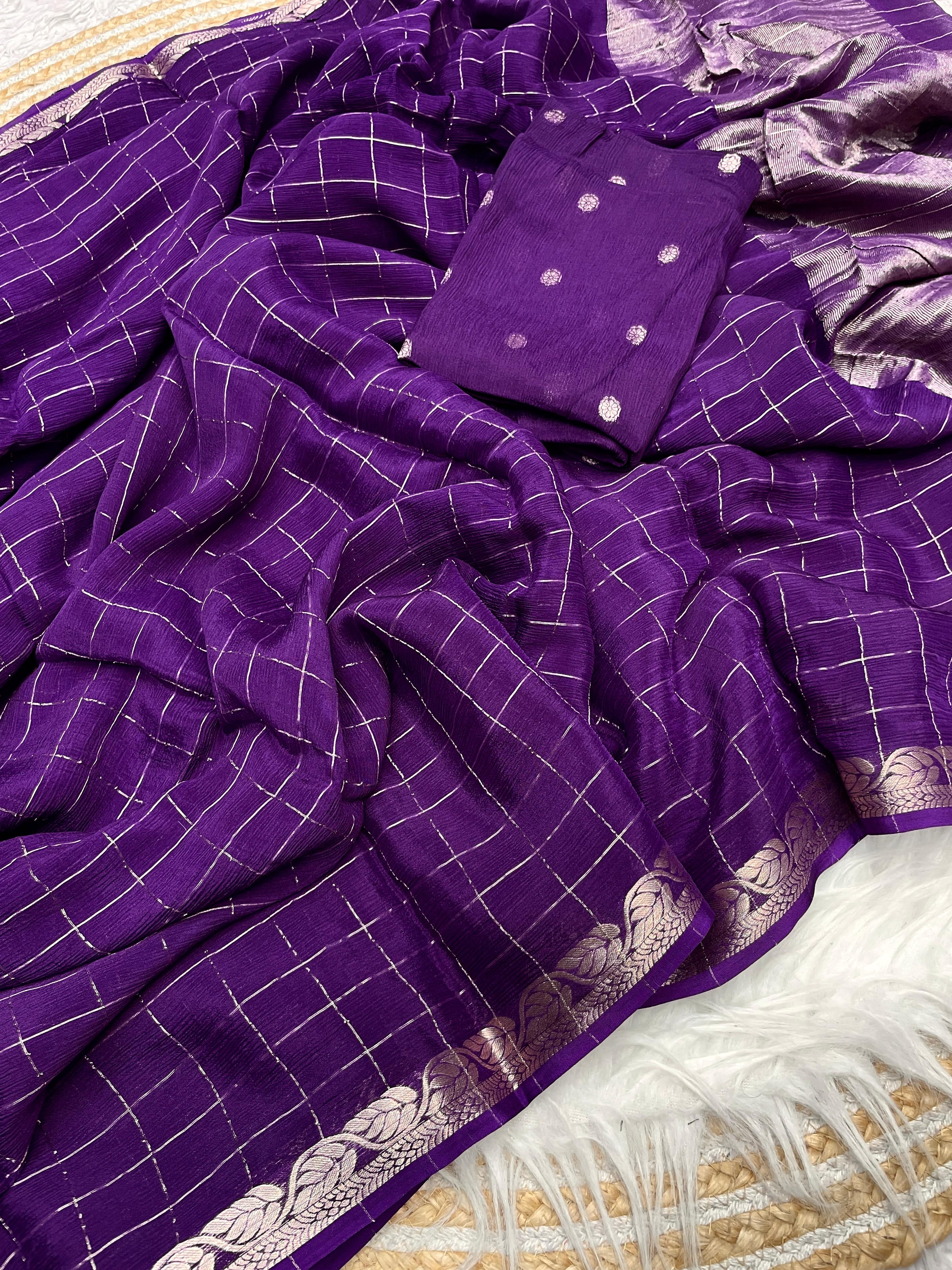 Purple Checked Saree with Golden Zari Border - image 1