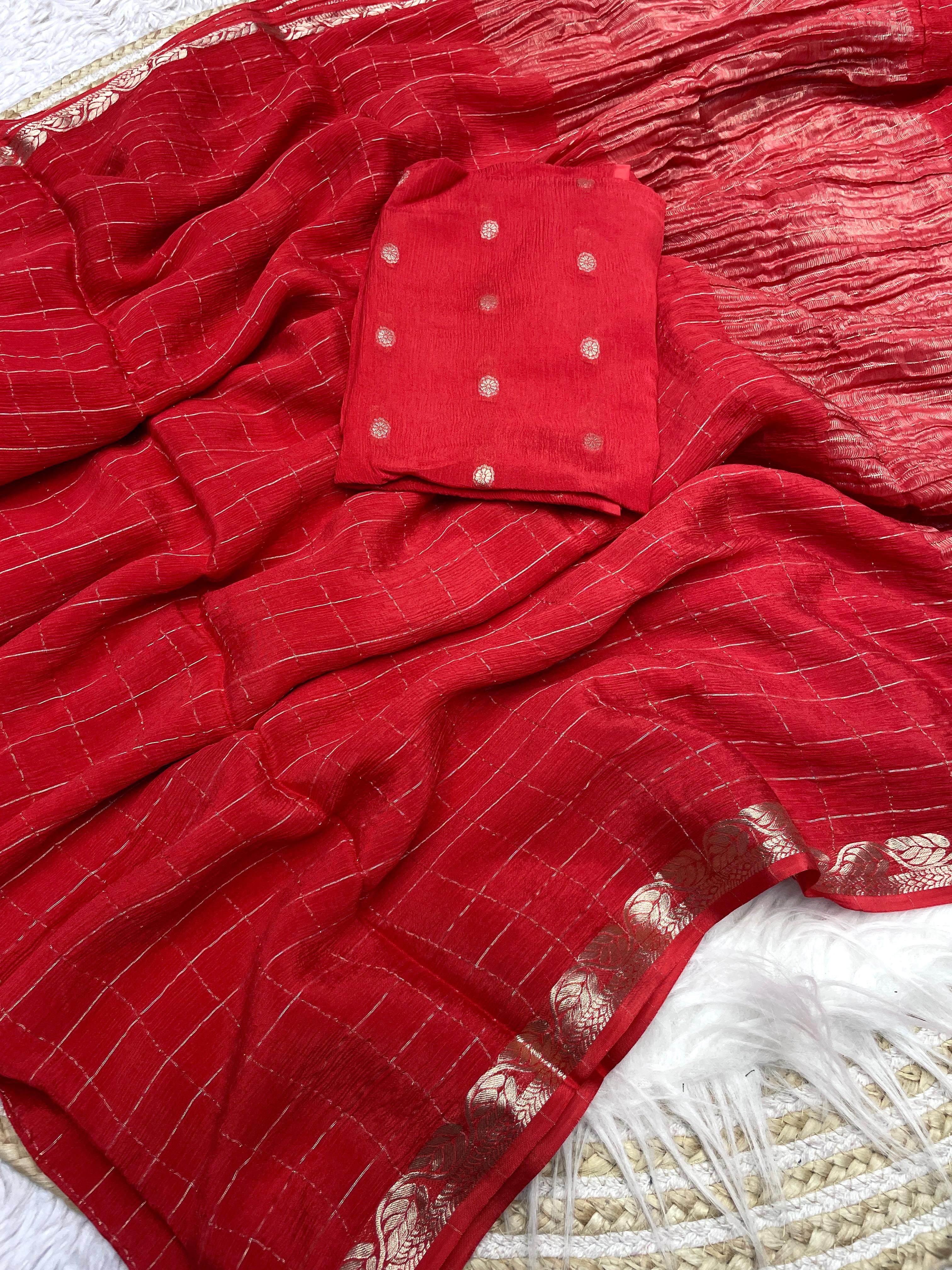 Orange Checked Saree with Golden Zari Border - image 1