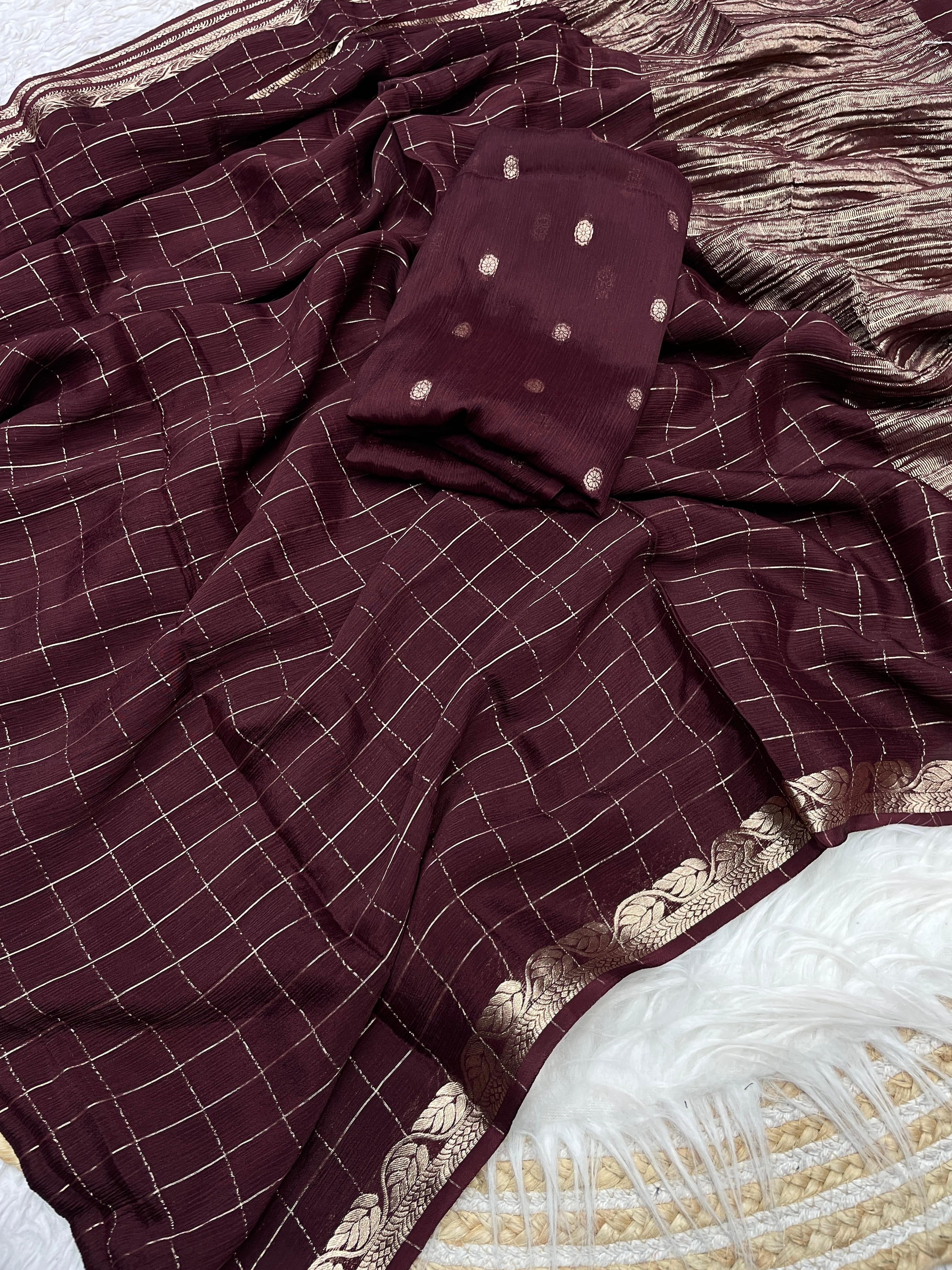 Coffee Brown Checked Saree with Golden Zari Border - image 1