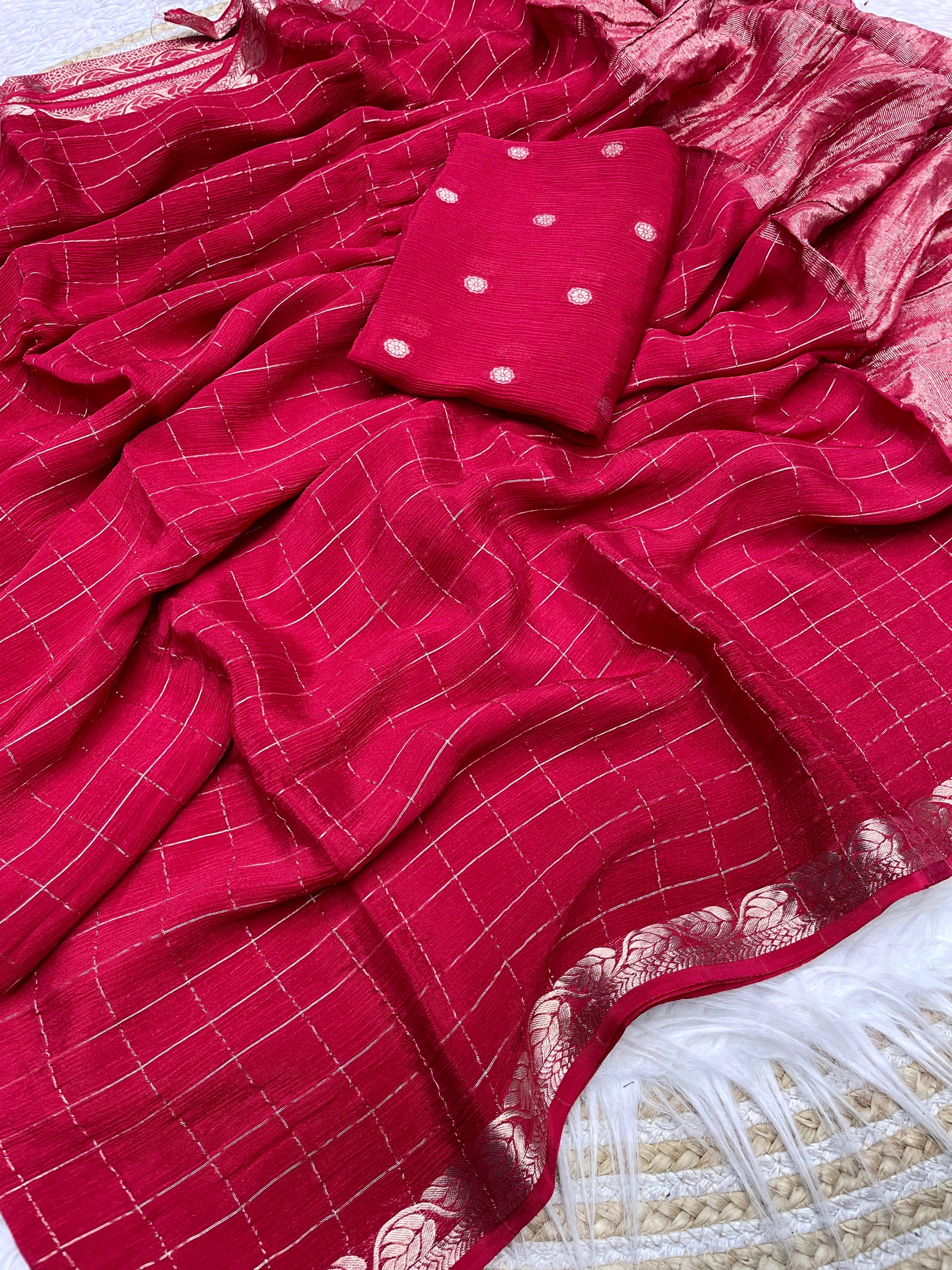 Cherry Red Checked Saree with Golden Zari Border - image 1