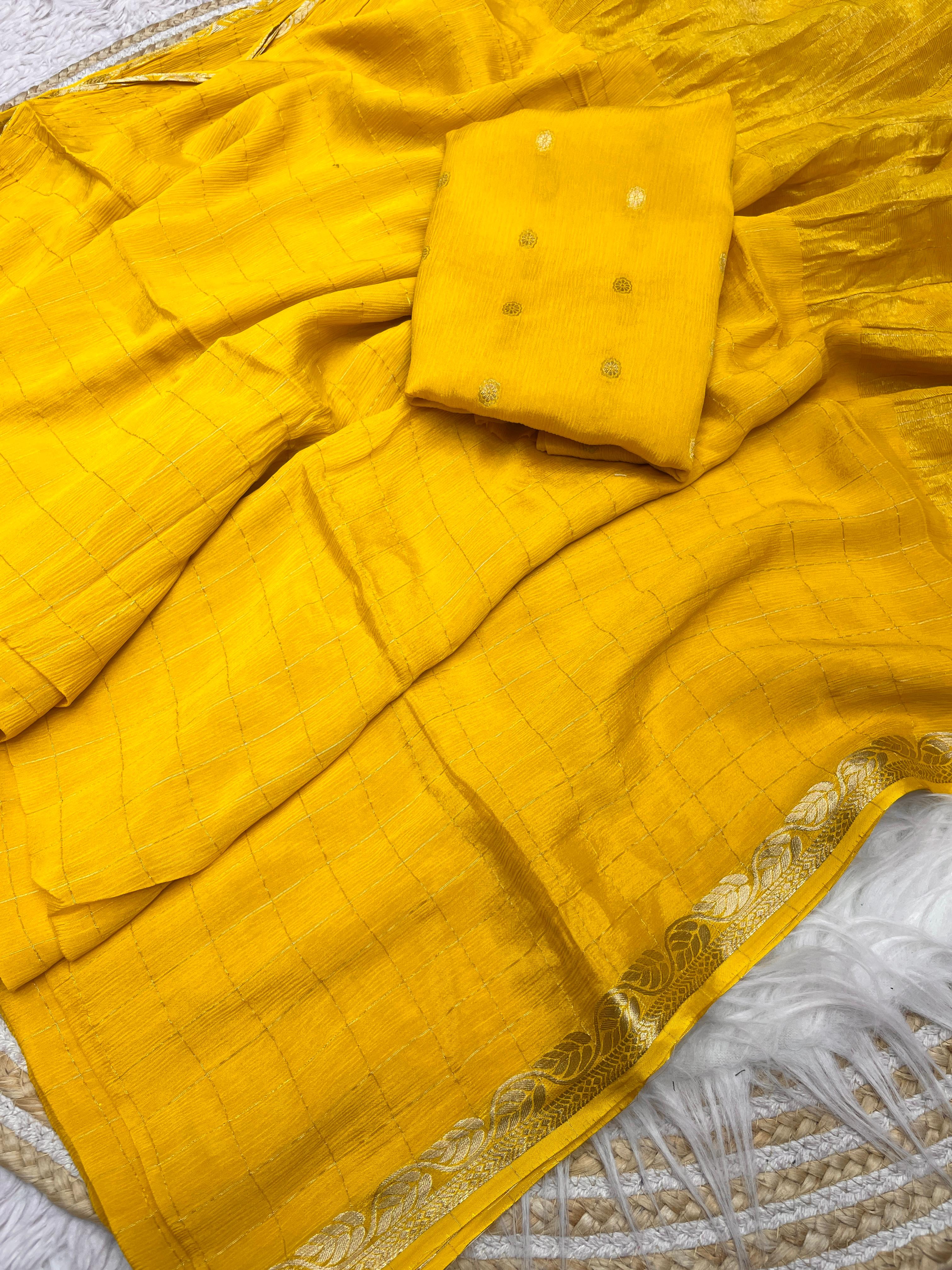Yellow Checked Saree with Golden Zari Border - image 1