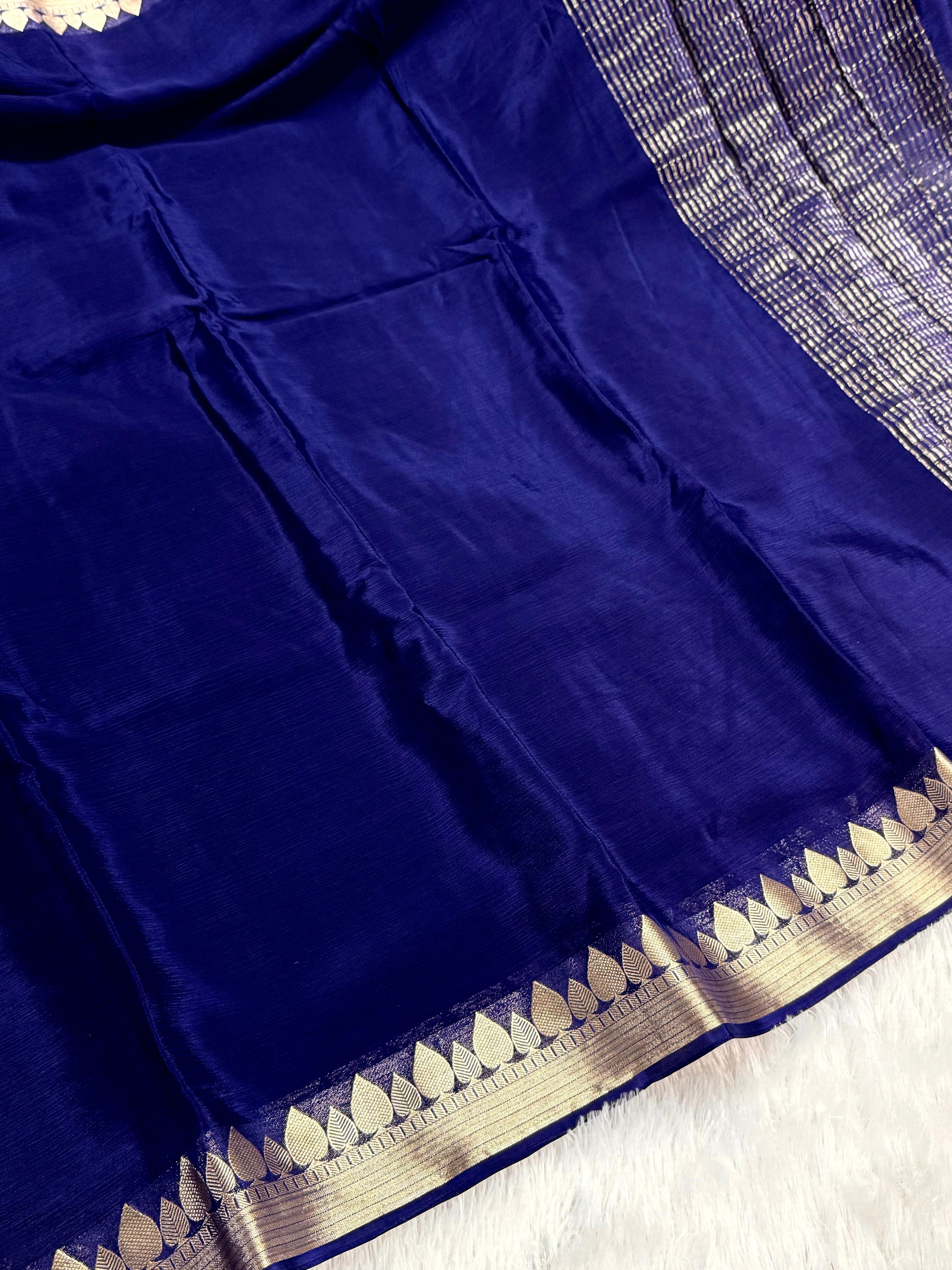 Elegant Navy Blue Saree with Golden Leaf Border - image 1