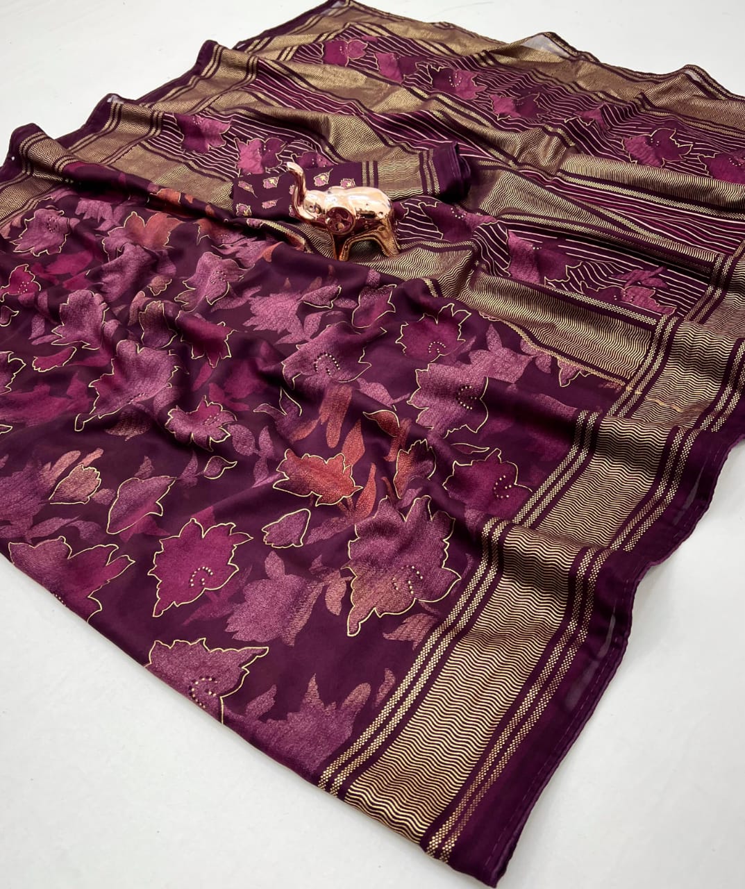Wine Purple Floral Zari Saree - image 1