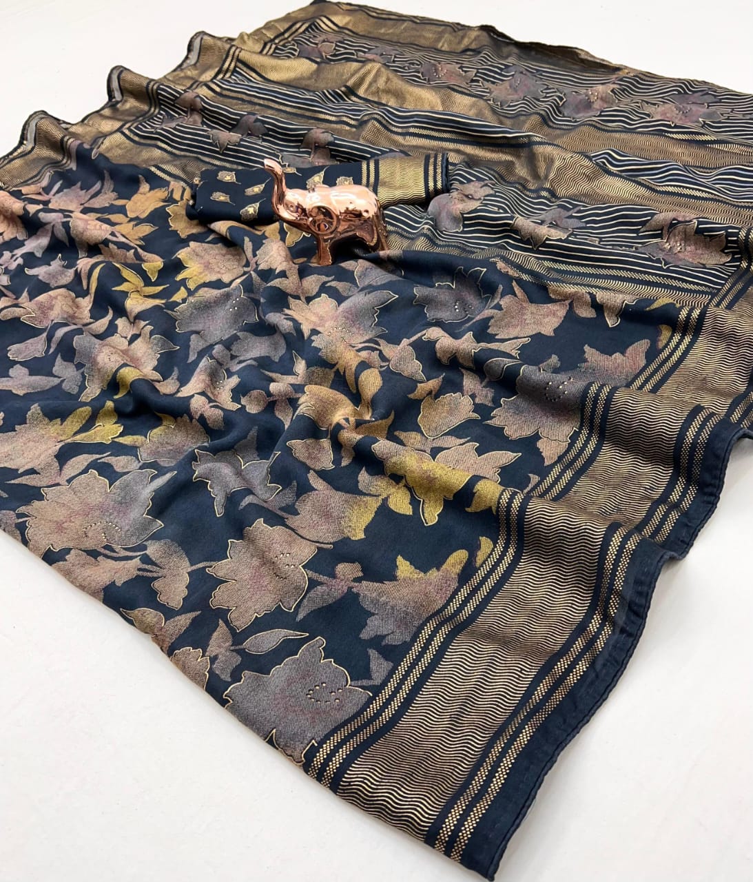 Navy Blue Floral Zari Saree - image 1