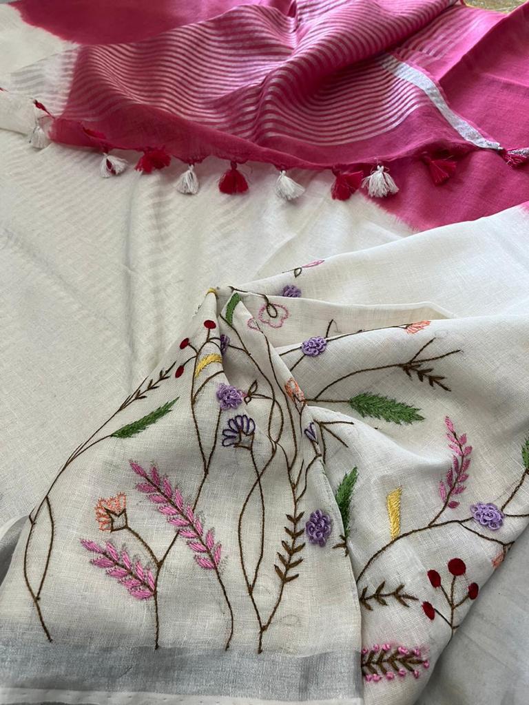 White & Pink Linen Embroidered Saree