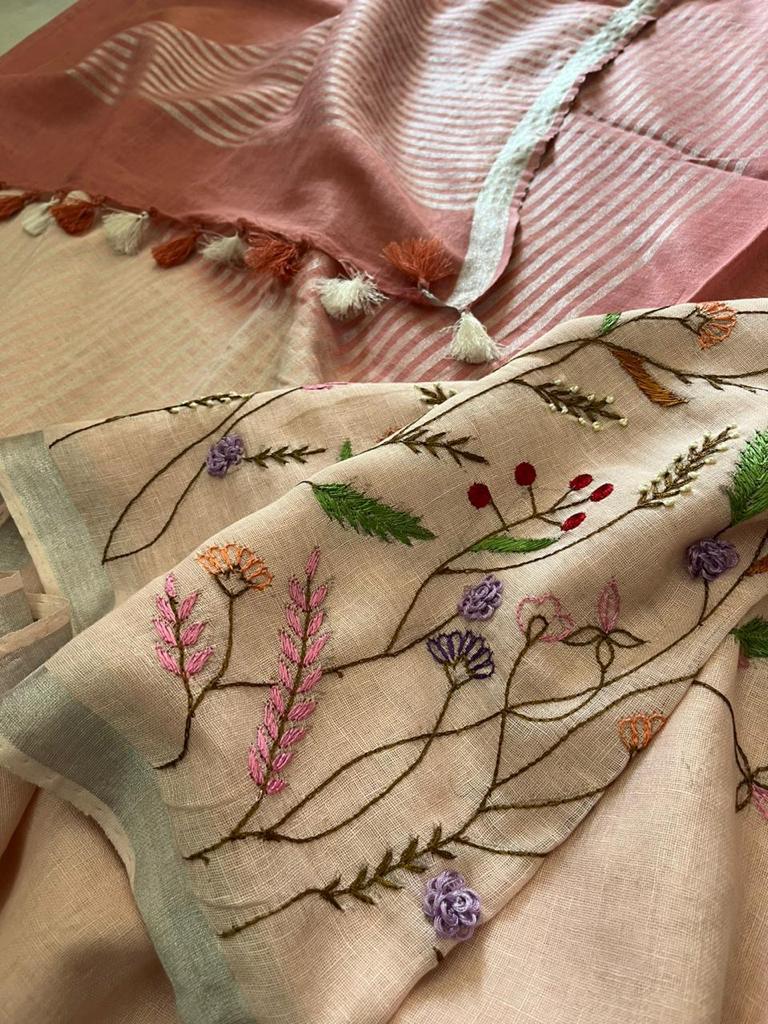 Peach Linen Embroidered Saree