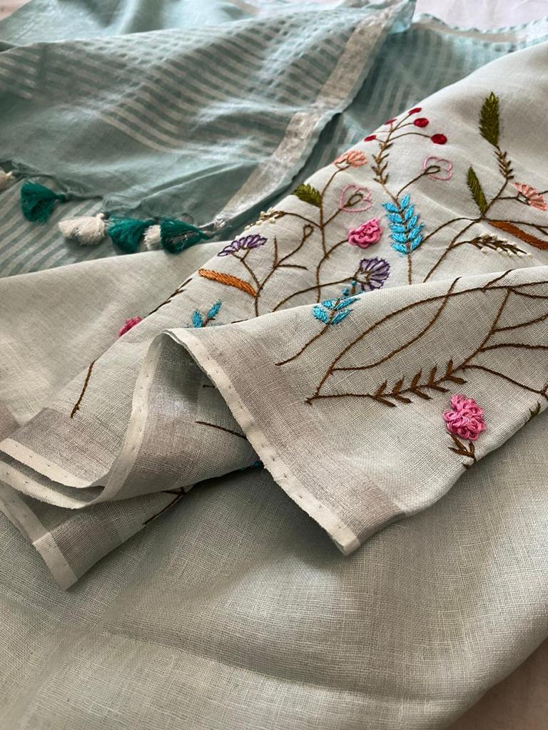 Mint Green Linen Embroidered Saree