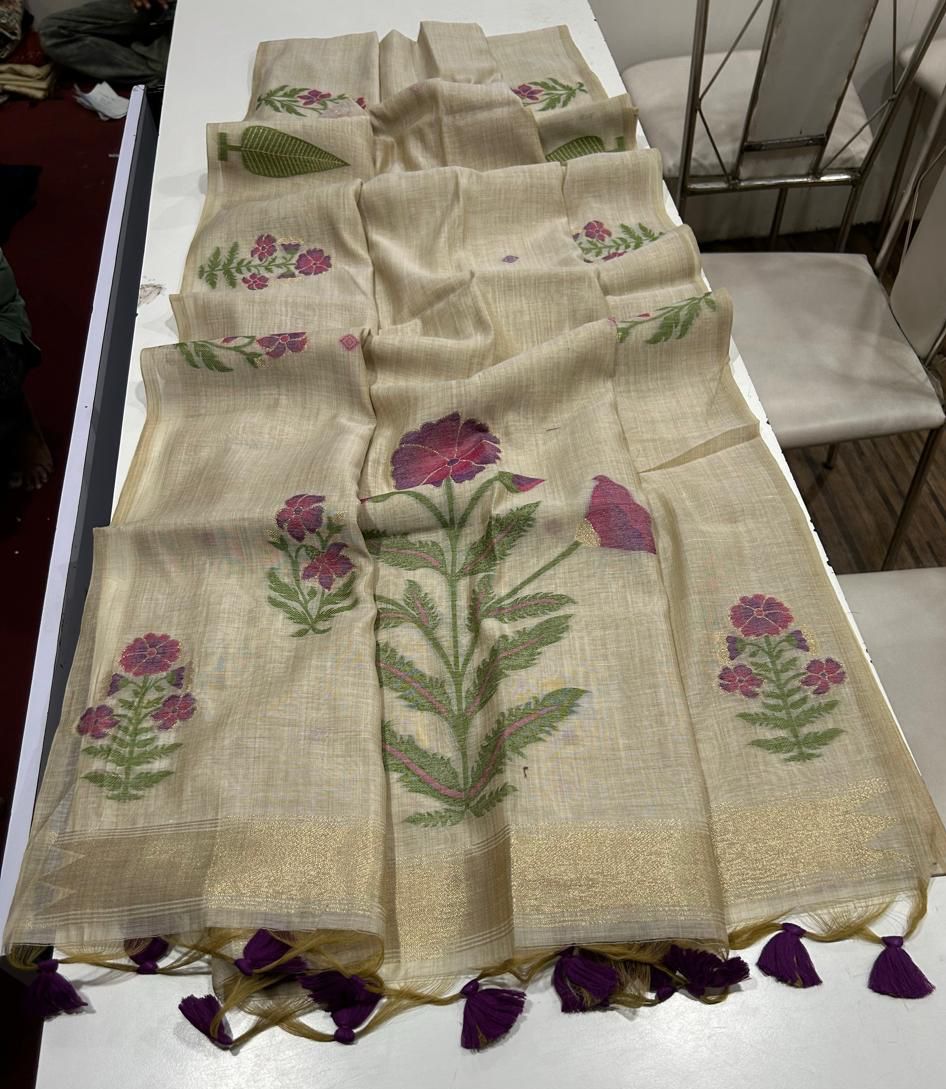 Beige Linen Saree with Purple Floral Motifs & Purple Tassels