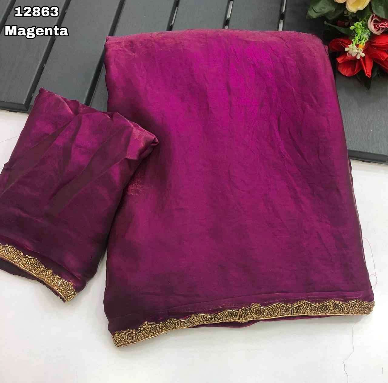Magenta Saree with Golden Lace Border