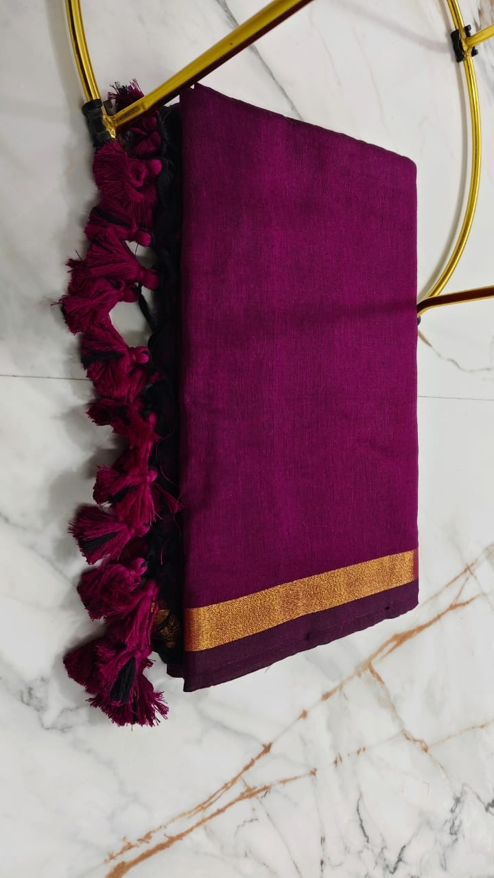 Rich Wine Handloom Cotton Saree with Golden Border & Tassels