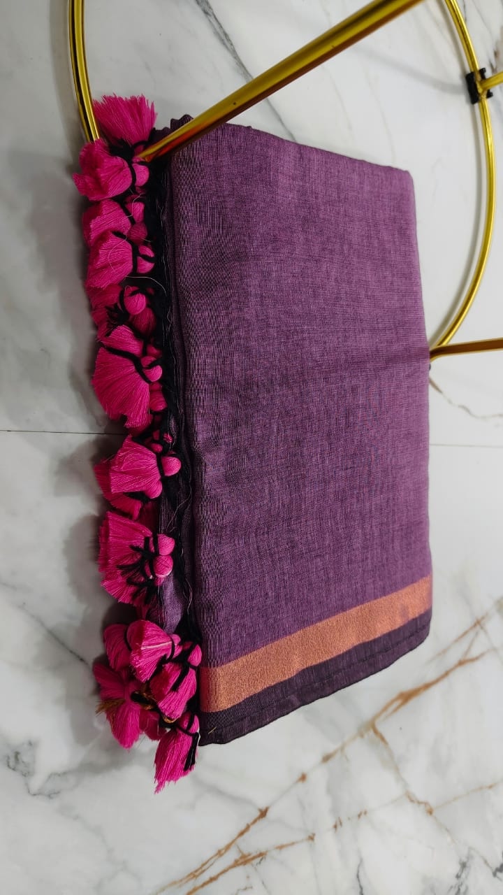 Purple Handloom Cotton Saree with Copper Border & Pink Tassel Pallu