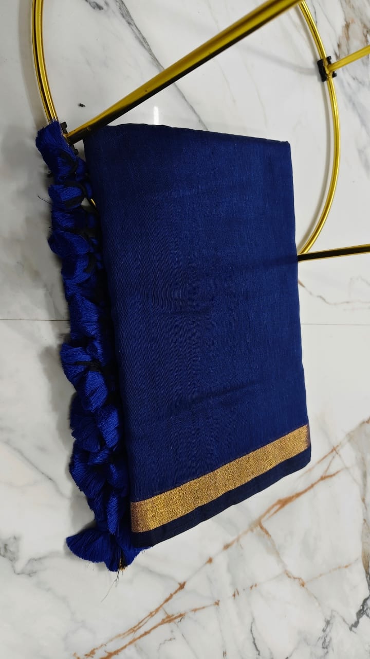 Navy Blue Handloom Saree with Golden Border & Tassels