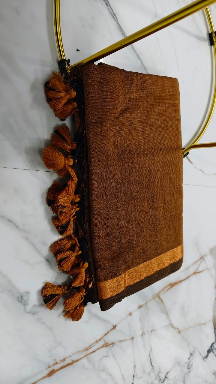 Rustic Brown Handloom Saree with Copper Border & Tassels