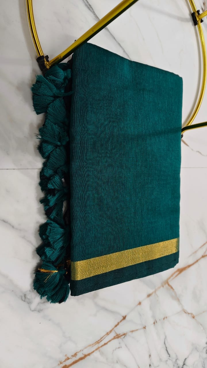 Teal Green Handloom Cotton Saree with Golden Border & Tassels