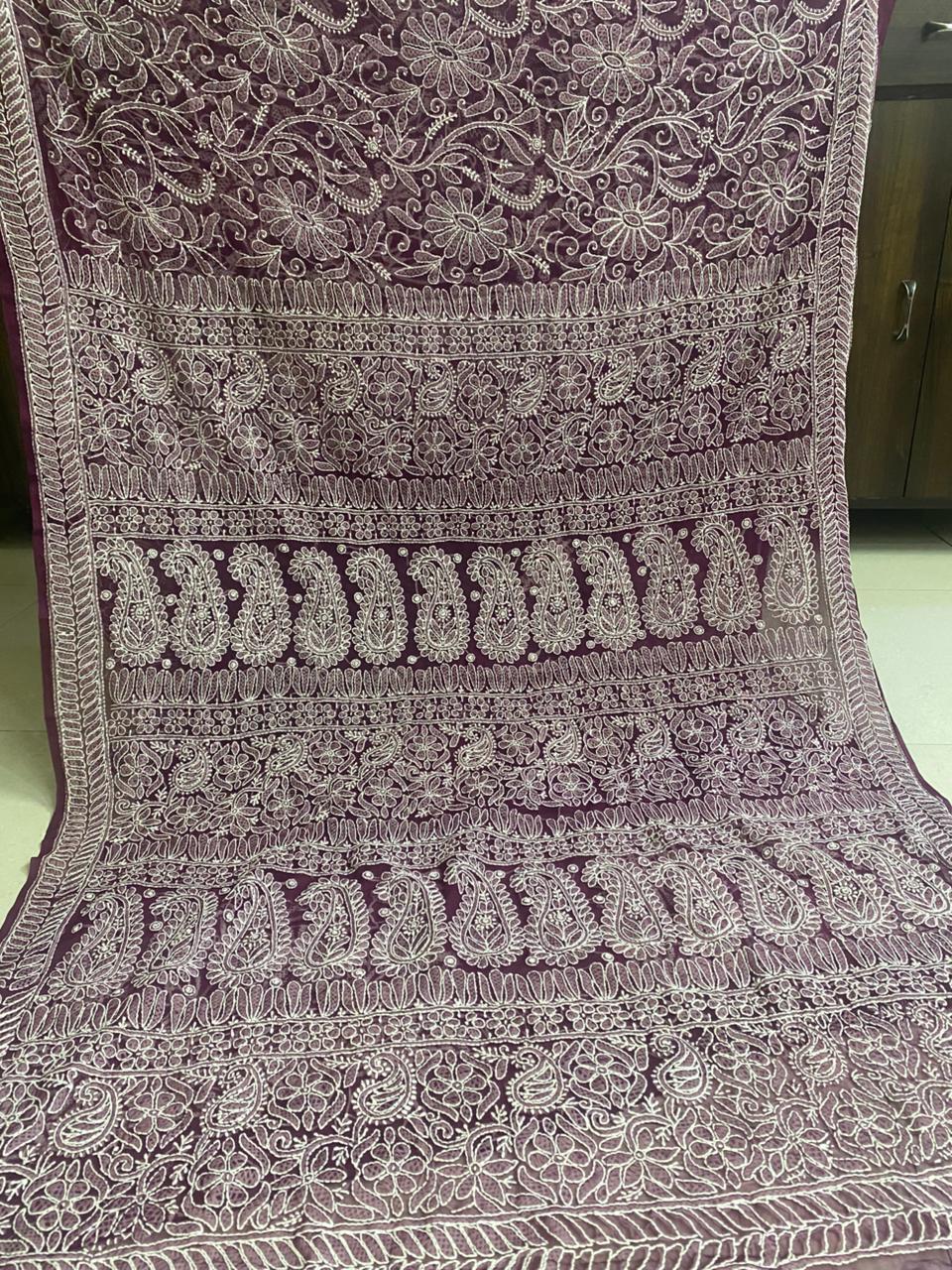 Maroon Chikankari Saree with Dense Embroidery
