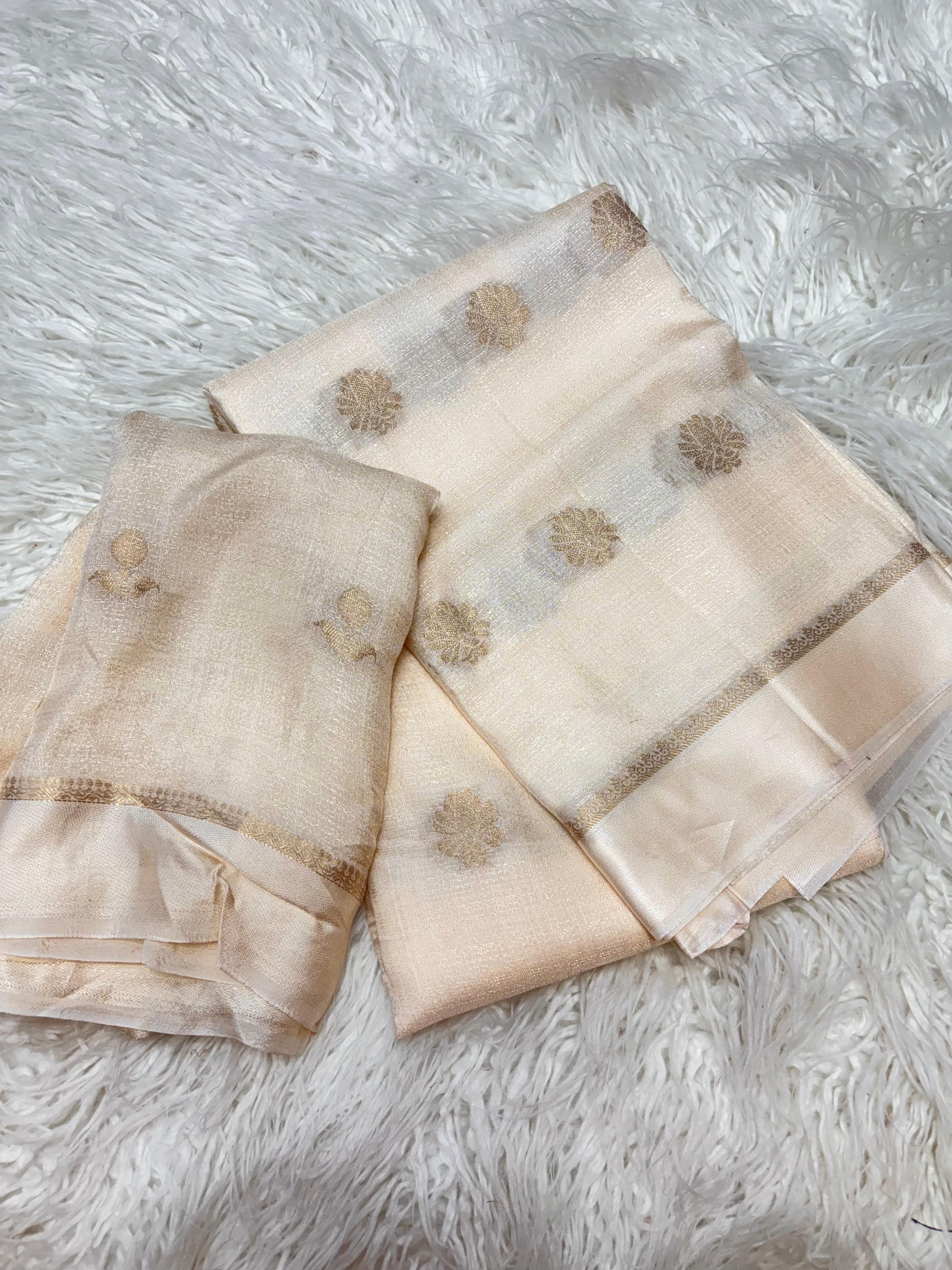 Cream Floral Zari Saree – Elegant Wedding & Festive Wear