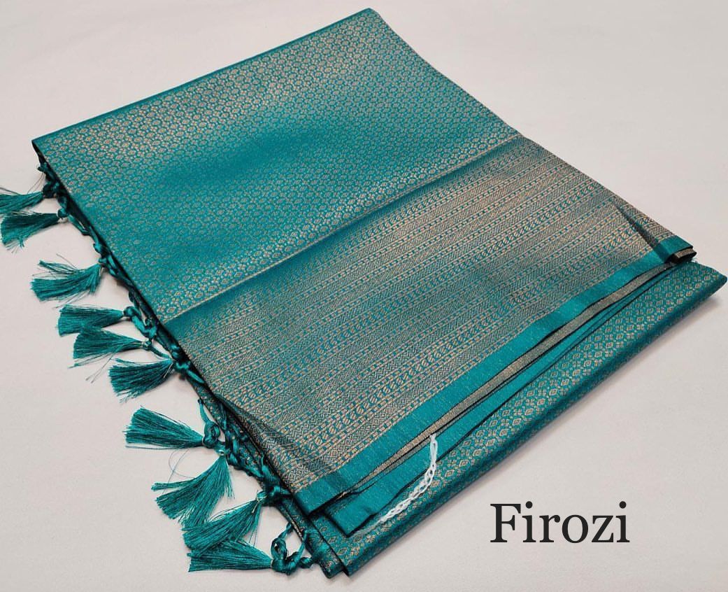 Elegant Firozi Silk Saree with Golden Zari Work