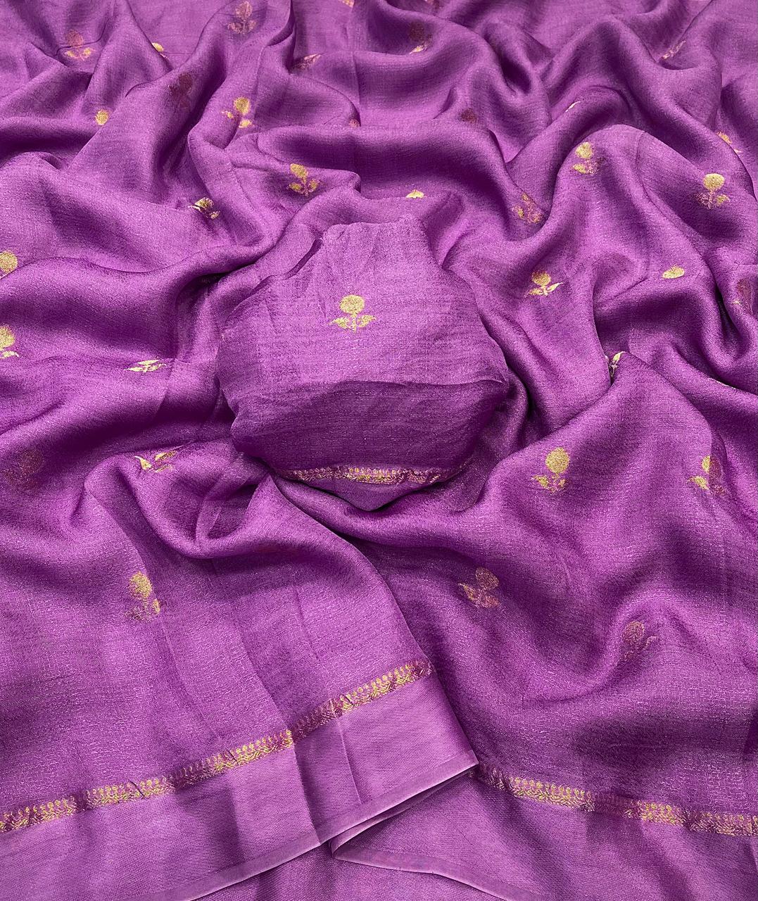 Elegant Purple Saree with Golden Butta & Subtle Border