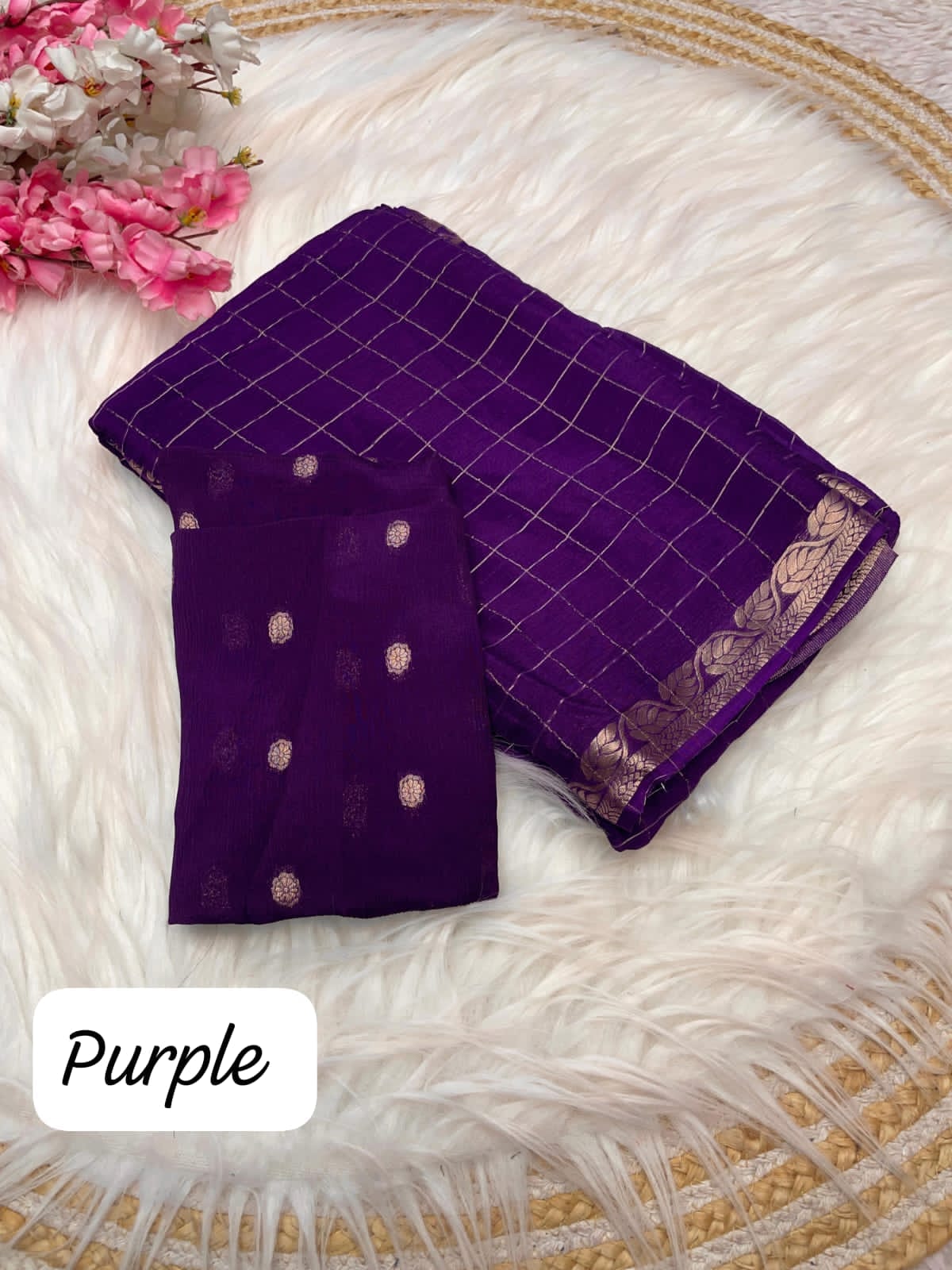 Purple Checked Saree with Golden Zari Border