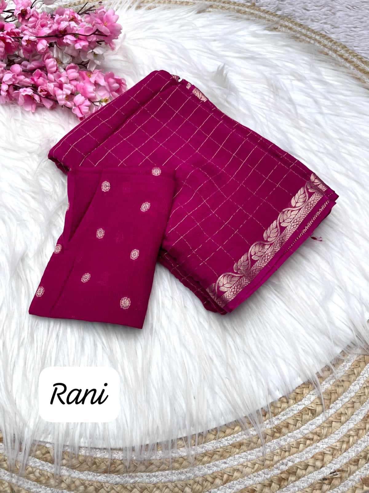 Rani Pink Checked Saree with Golden Zari Border