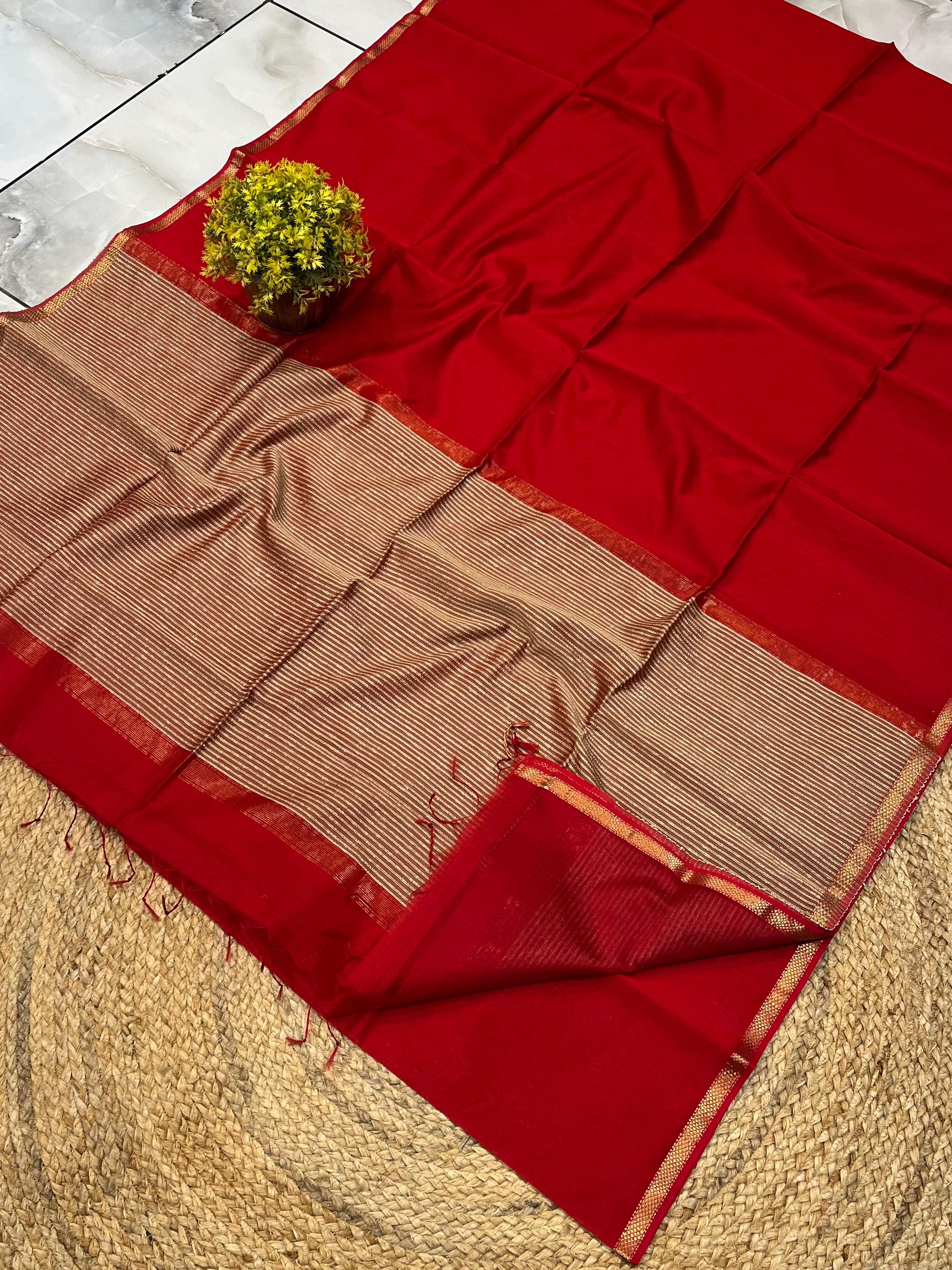 Elegant Red Saree with Golden Striped Pallu & Contrast Border