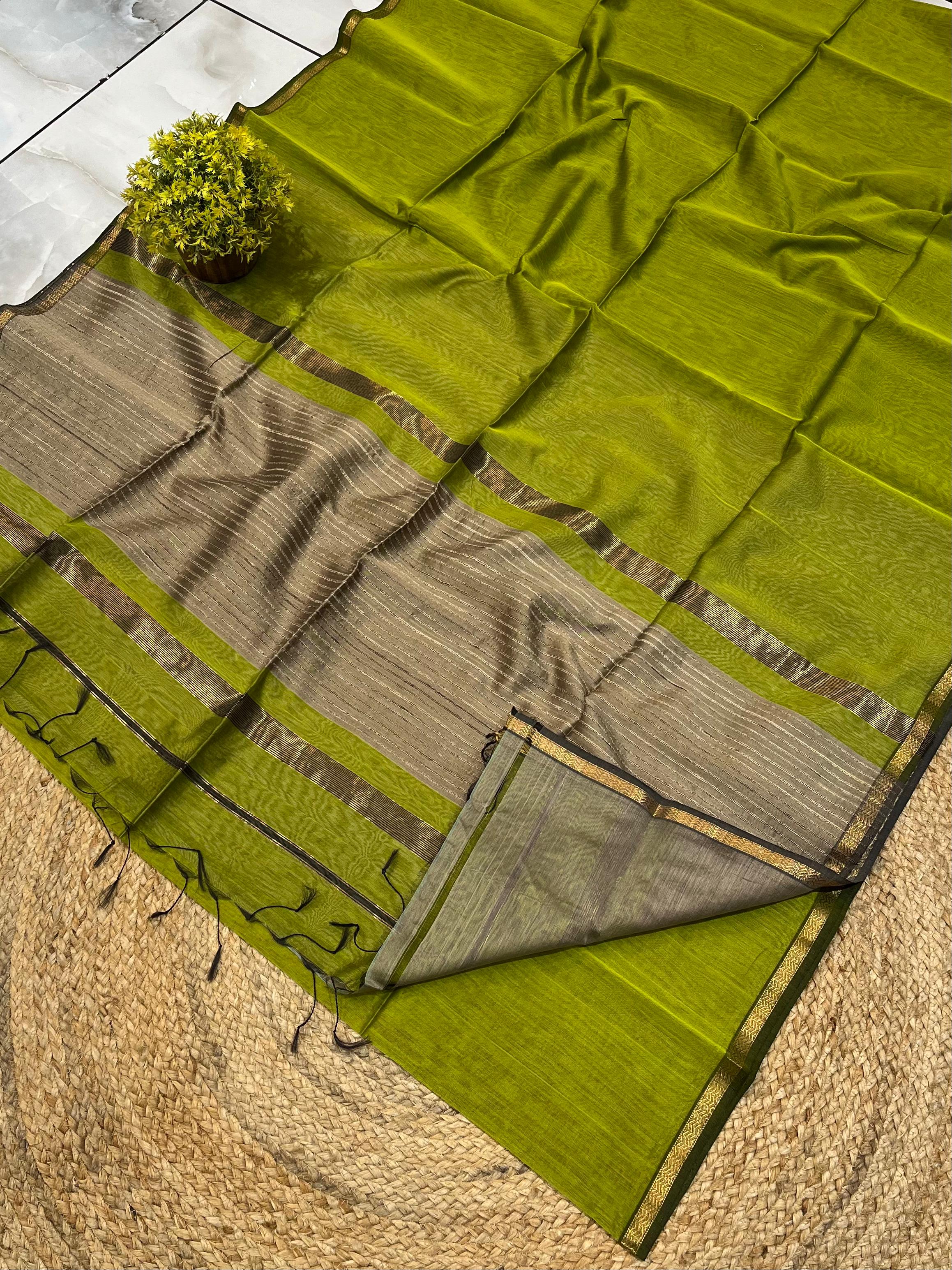 Olive Green Saree with Contrast Golden Pallu & Zari Highlights