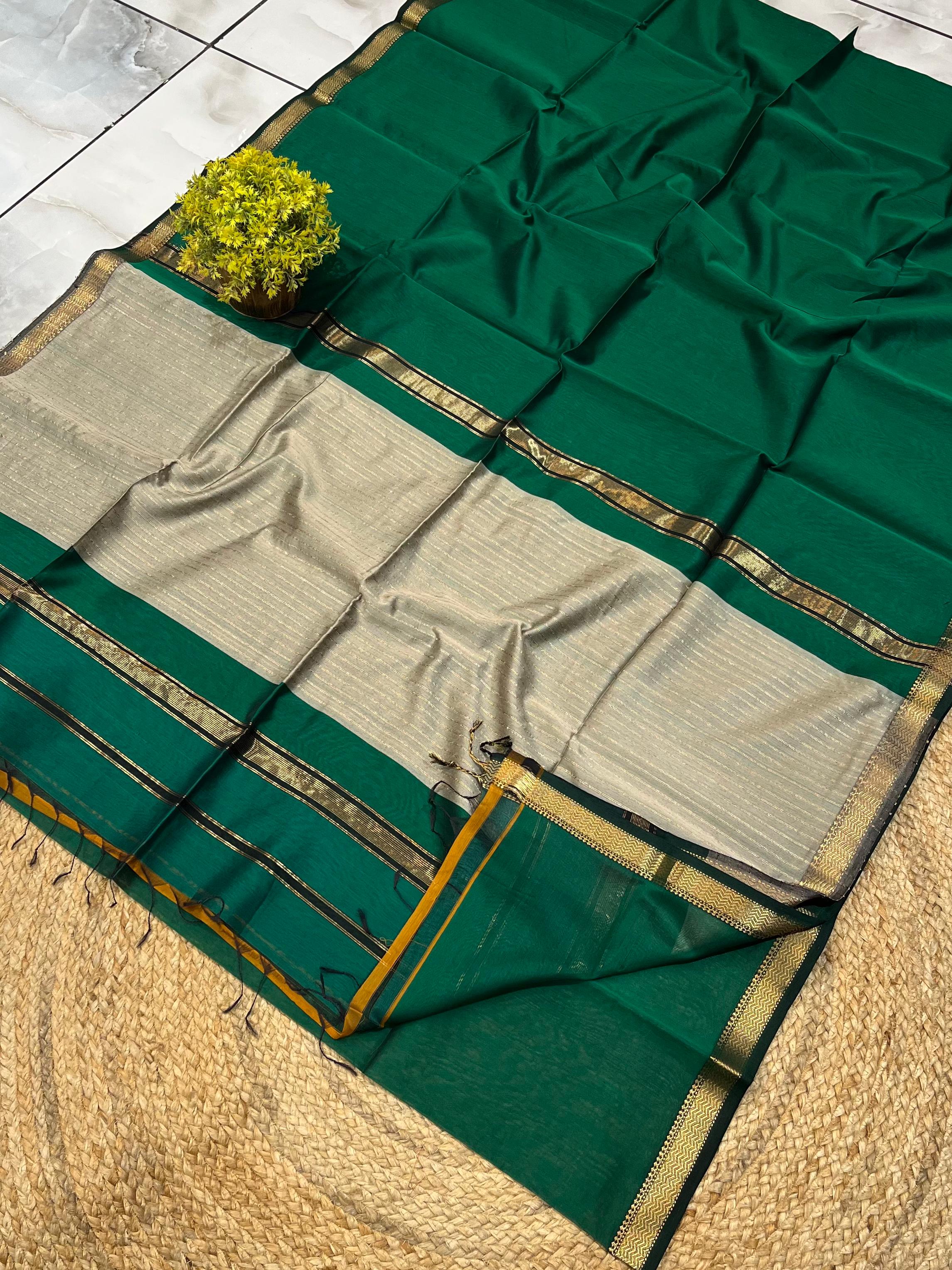 Bottle Green Saree with Golden Contrast Pallu & Zari Border
