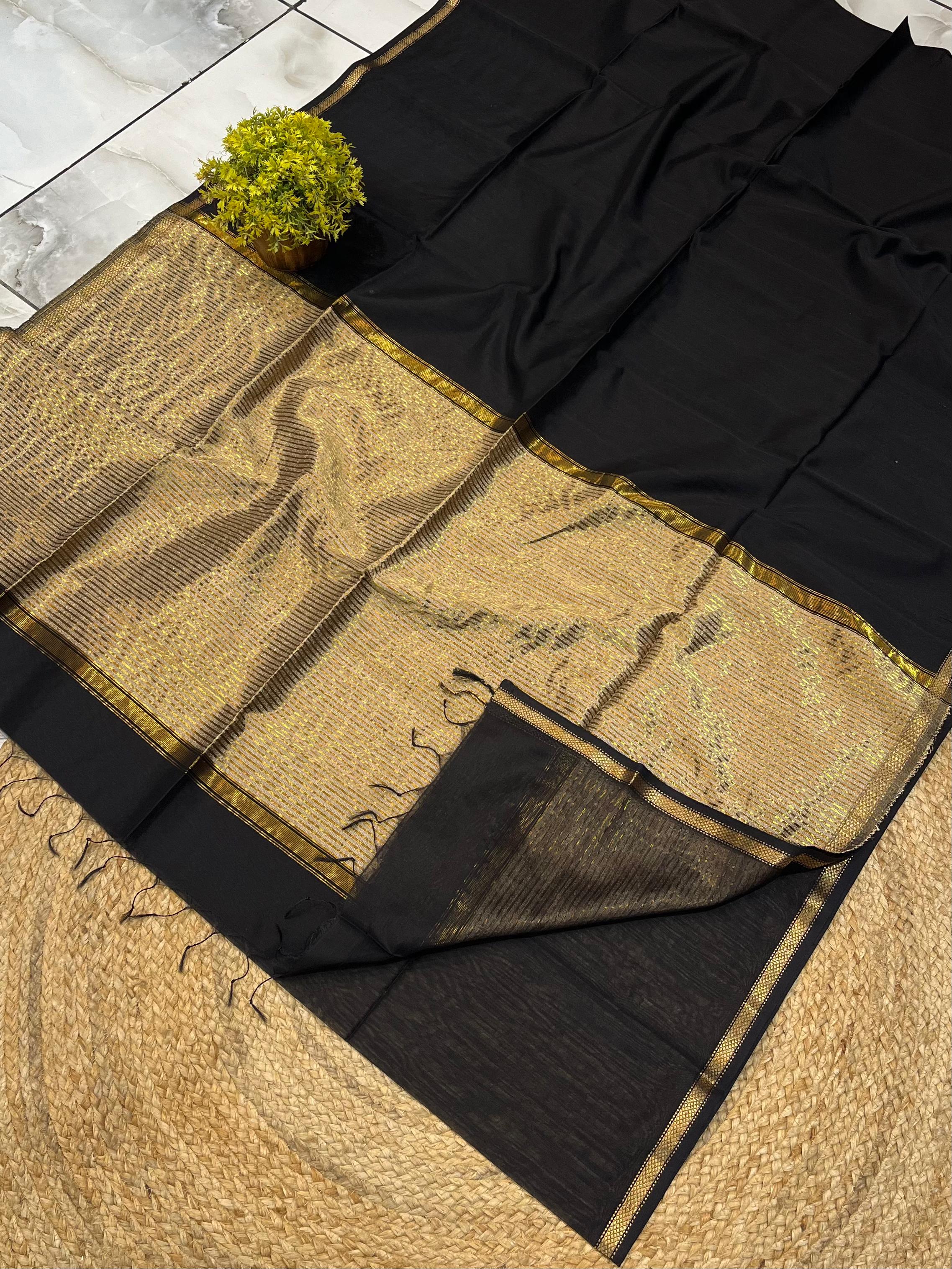 Black Saree with Rich Golden Pallu & Zari Border
