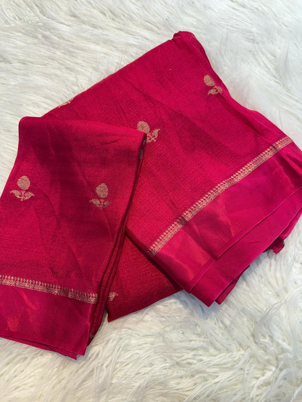 Vibrant Red Saree with Golden Butta & Traditional Border
