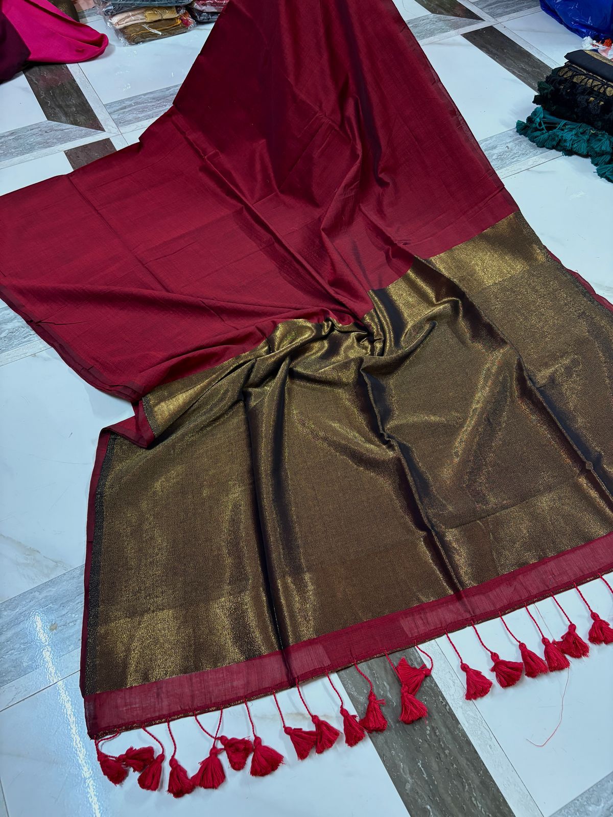 Traditional Maroon Saree with Golden Border and Tassels