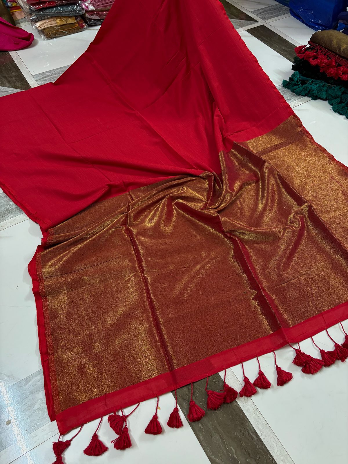 Bright Red Saree with Golden Border & Tassels