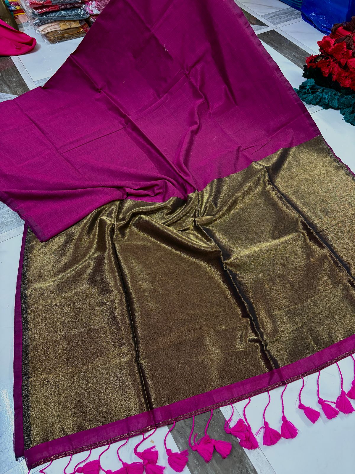 Purple Saree with Golden Border & Tassels