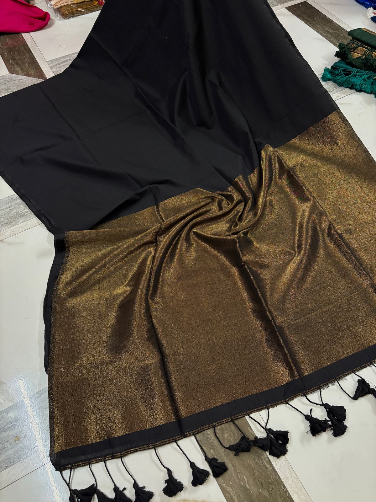 Black Saree with Golden Border & Tassels