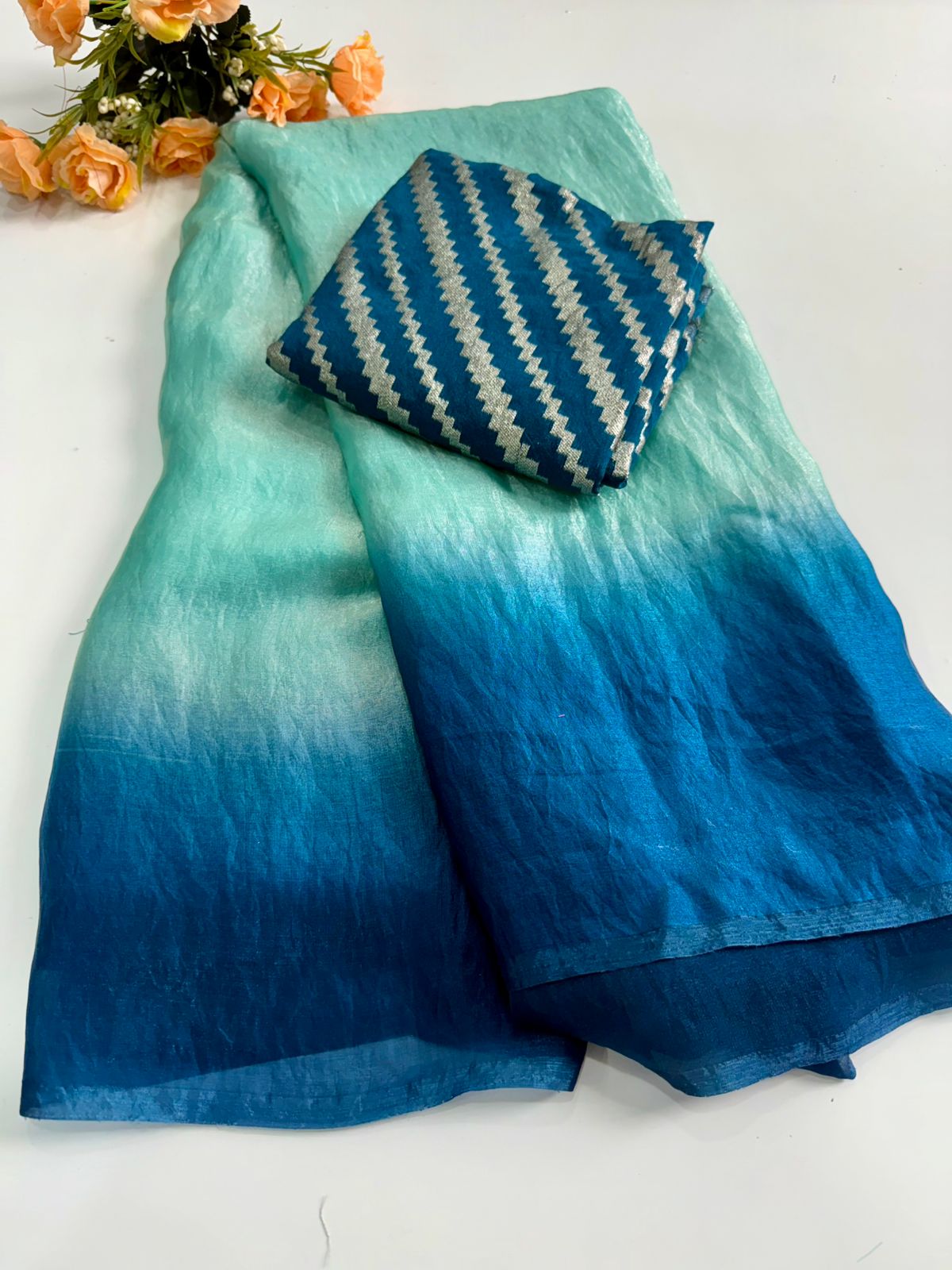 Classic Blue Ombre Cotton Silk Saree with Designer Blouse
