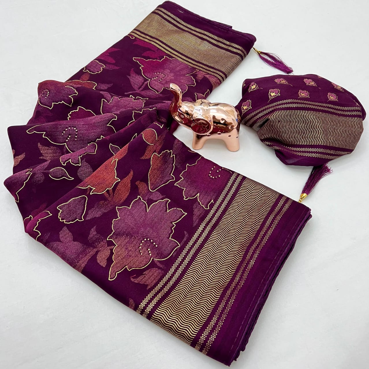 Wine Purple Floral Zari Saree