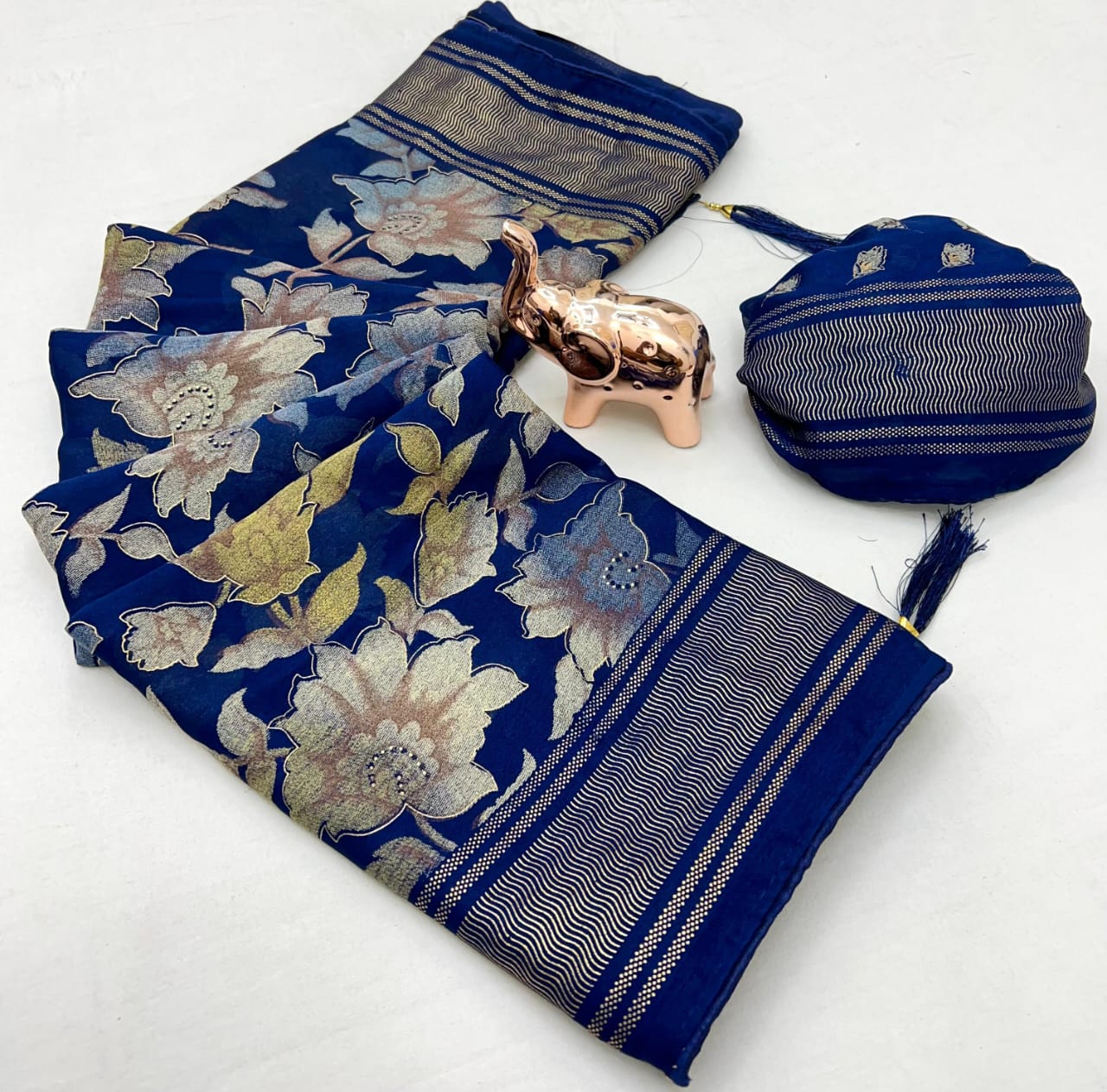 Royal Blue Floral Zari Saree