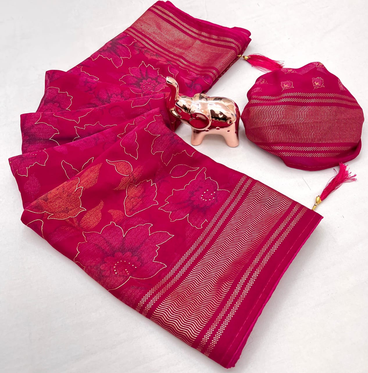 Hot Pink Floral Zari Saree